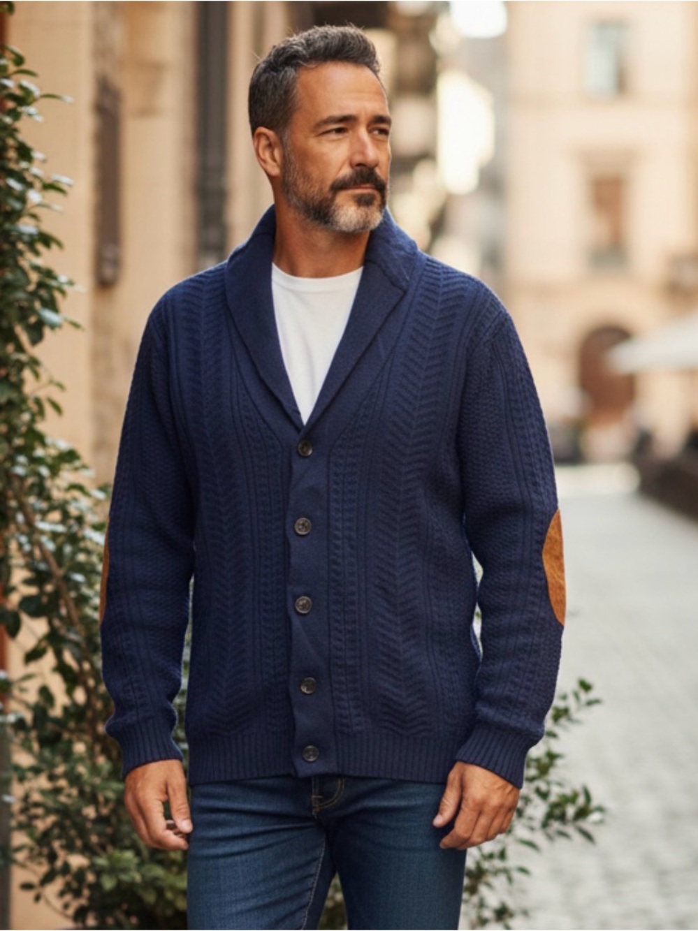 🫶🏻 JACHS New York Shawl Collar Cable Knit Cardigan with Elbow Patches